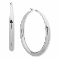 Best Pirce 🌟 Anne-Klein Jewelry & ⌚ Watches Anne Klein Silver-Tone 39mm Medium Tapered Hoop Earrings 😉