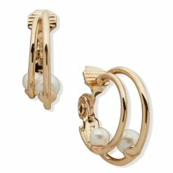 Cheap 👍 Anne-Klein Jewelry & ⌚ Watches Anne Klein Gold-Tone Pearl Double Hoop Clip Earrings 🌟