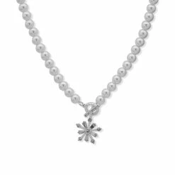 Best Pirce 🤩 Anne-Klein Jewelry & ⌚ Watches Anne Klein Silver-Tone Crystal Pearl Snowflake Pendant Necklace 🔔