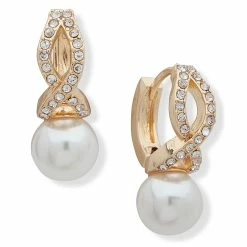 Buy ✔️ Anne-Klein Jewelry & ⌚ Watches Anne Klein Gold-Tone Pearl Crystal X Pave Hoop Earrings ✔️